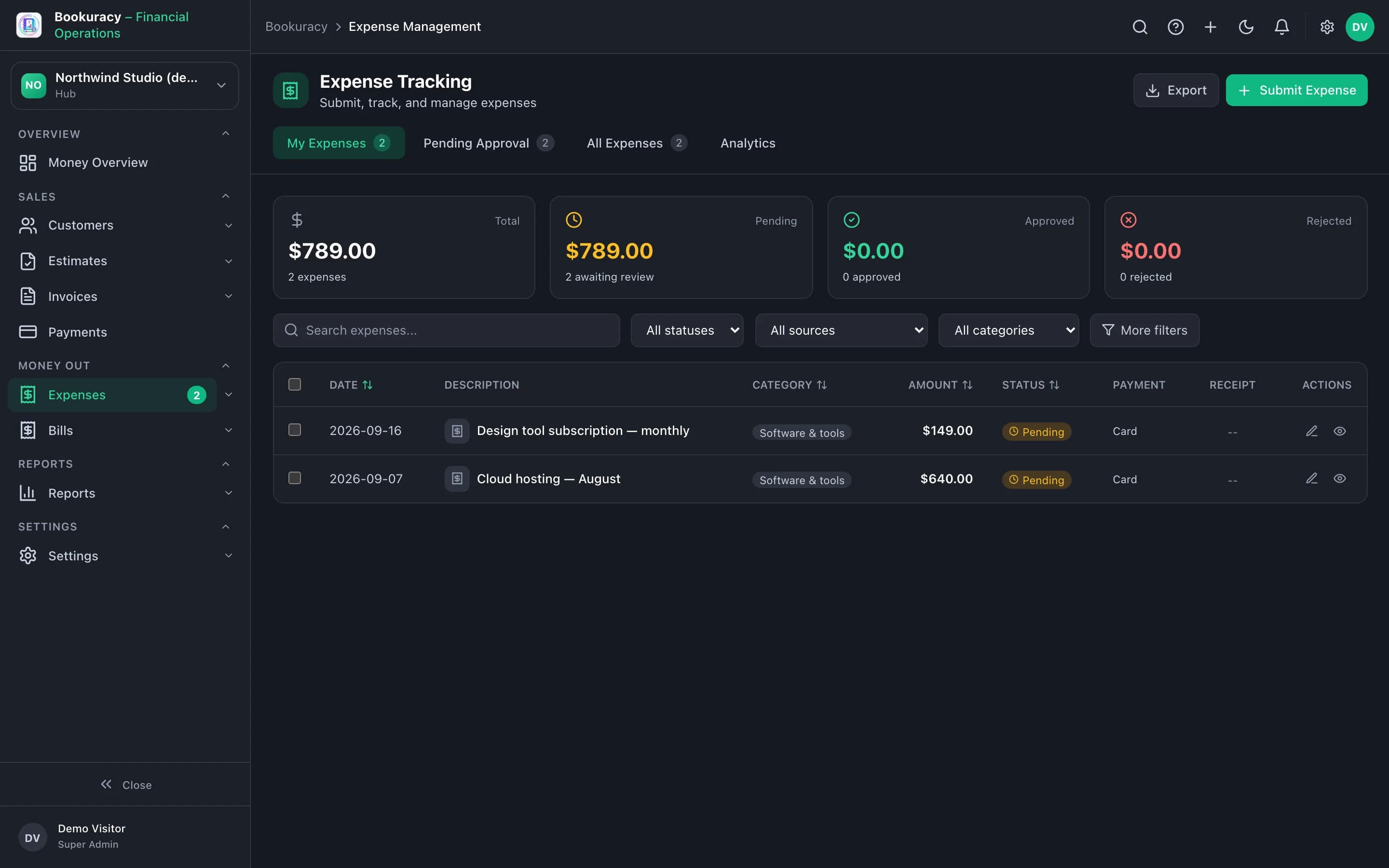 Helmby Finance Expenses screen with totals by status and two expenses pending approval