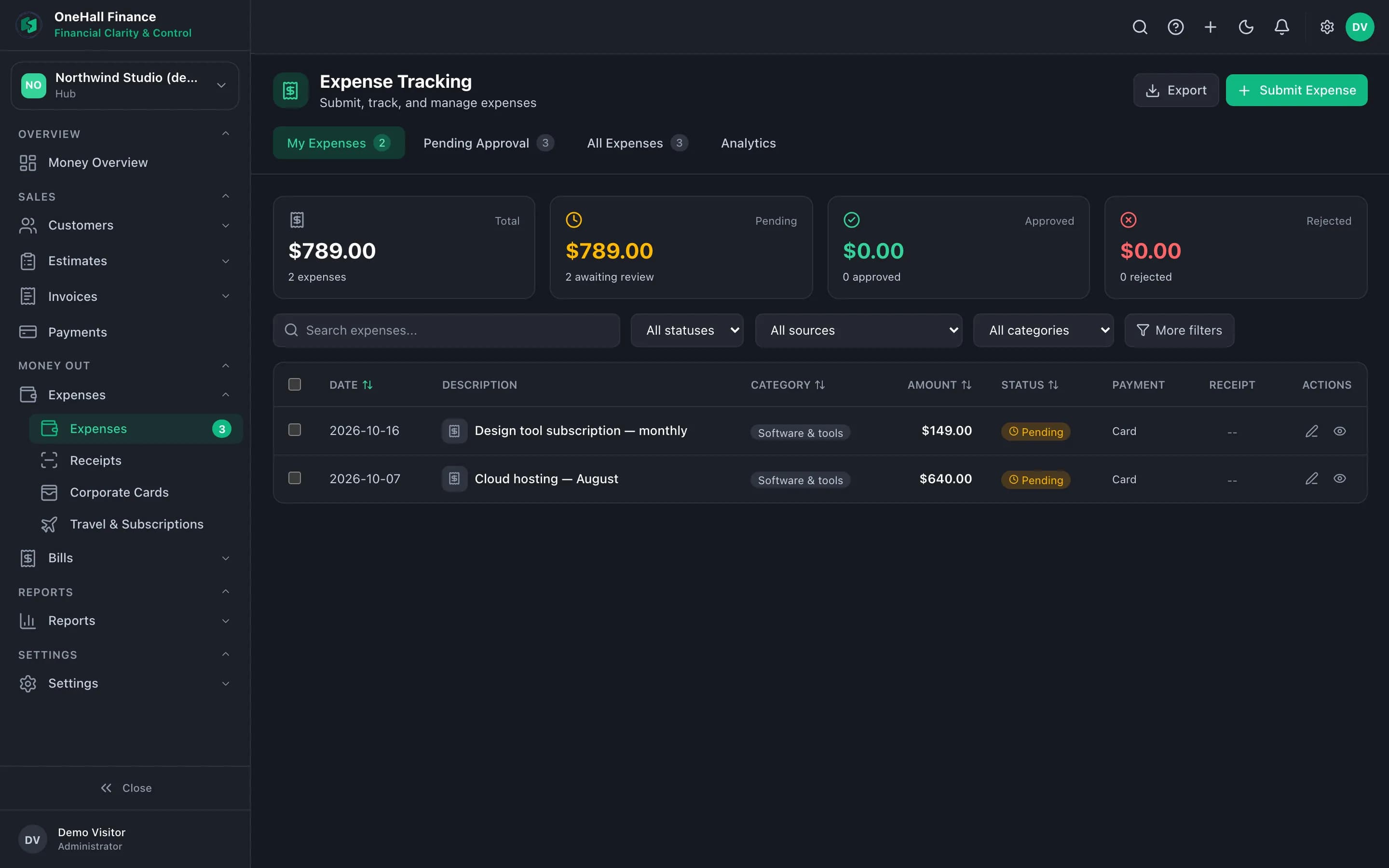 OneHall Finance Expenses screen with totals by status and two expenses pending approval
