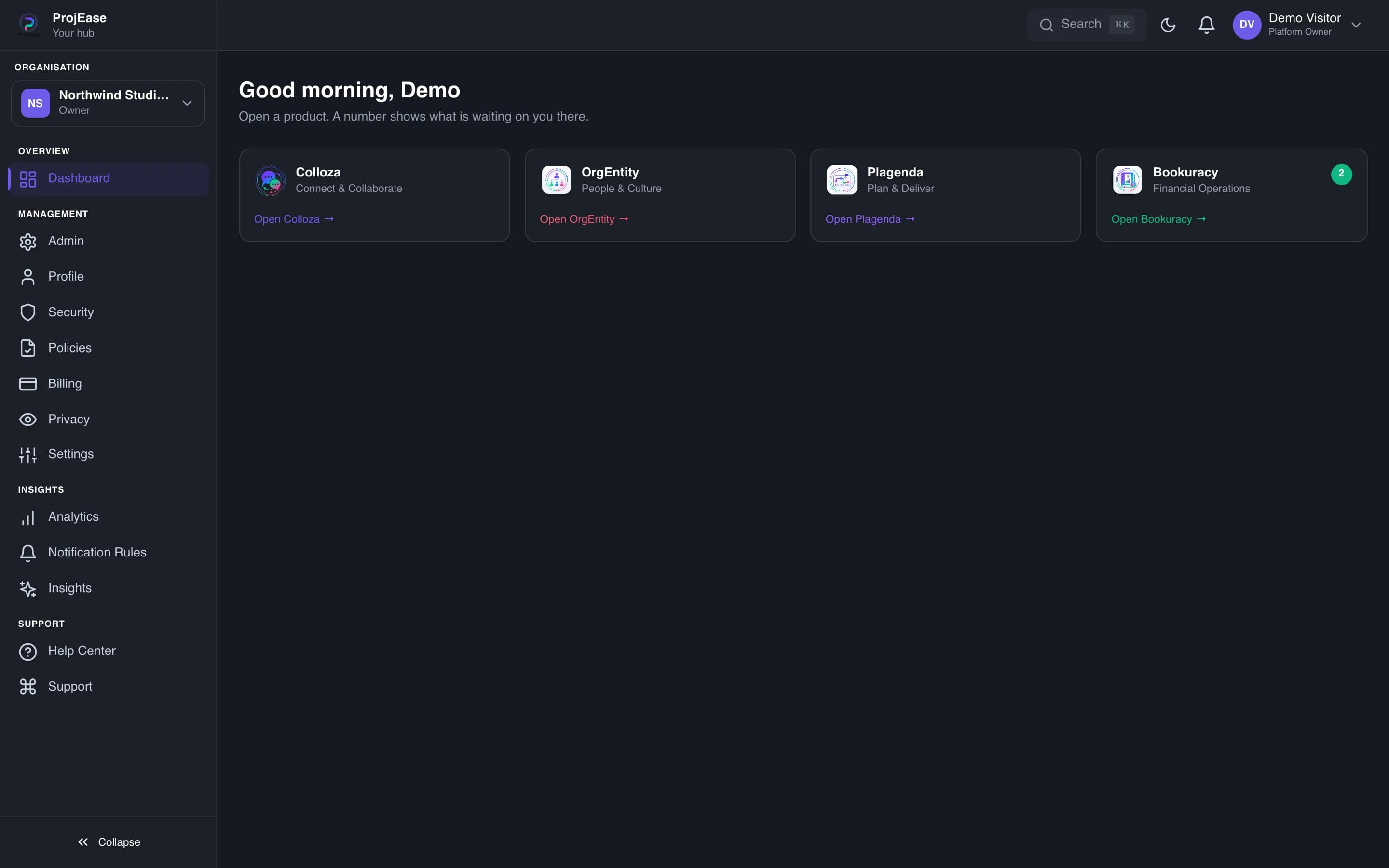 The Hub dashboard with a card per product and a count of what is waiting in each